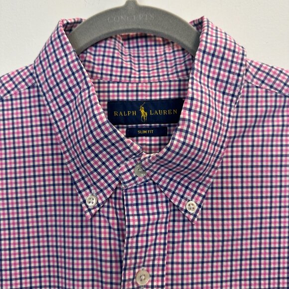 Polo PRL Ralph Lauren Slim Fit XL Button Down Shirt Pink Blue - Picture 10 of 11